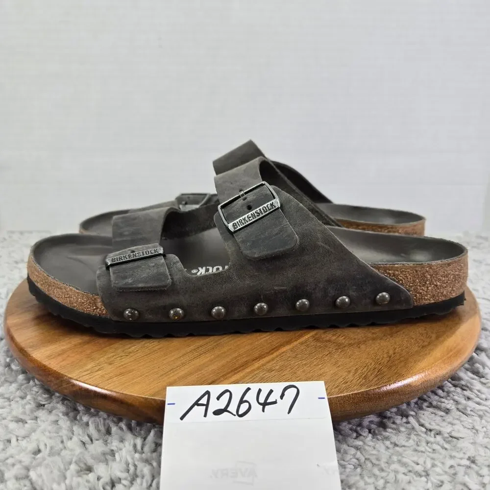Birkenstock Mens 44 Arizona Light Studs Gray Leather Double Strap Studded Sandal